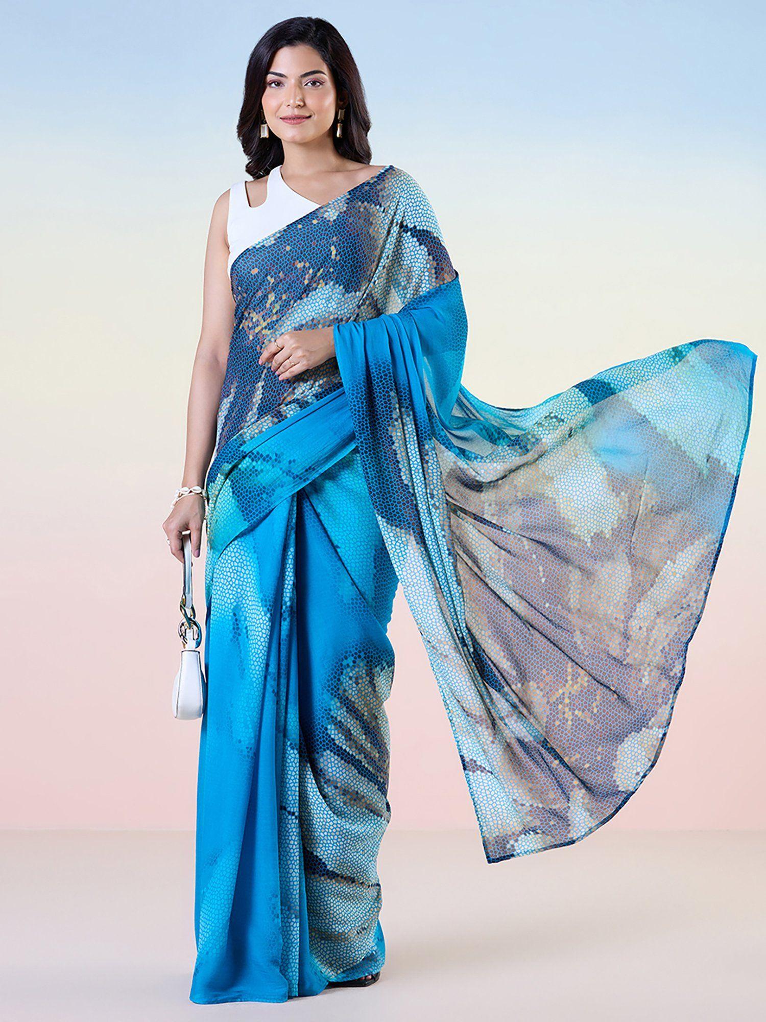 blue georgette geometric print saree with unstitched blouse