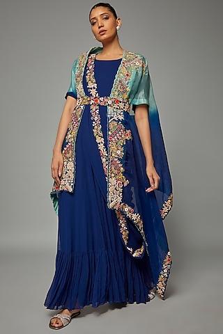 blue georgette gown with embroidered drape
