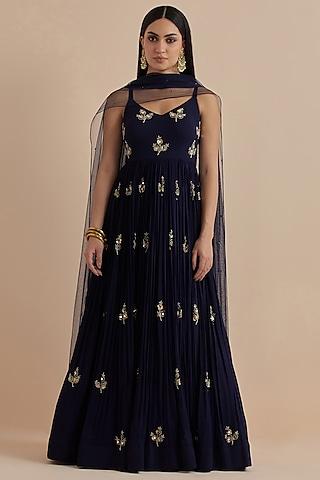 blue georgette hand embroidered gown with dupatta
