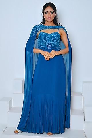 blue georgette hand embroidered jacket maxi dress