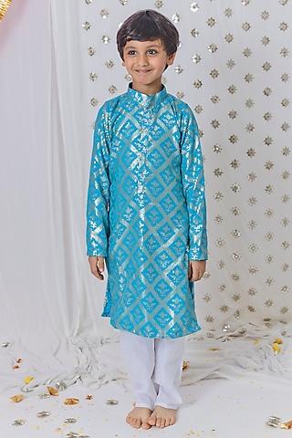 blue georgette hand embroidered kurta set for boys