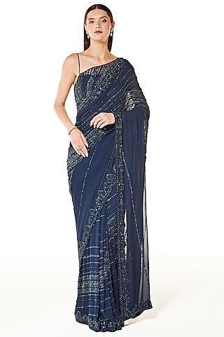 blue georgette hand embroidered saree set