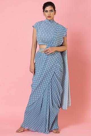 blue georgette pre-draped pleated saree set