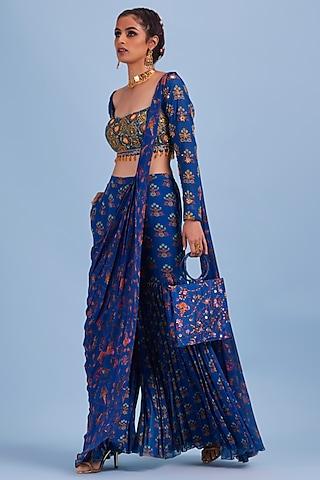 blue georgette printed & embroidered gharara saree set