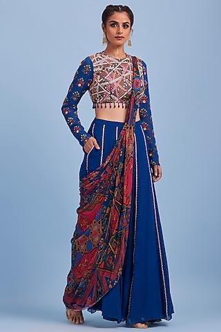 blue georgette printed & embroidered sharara saree set