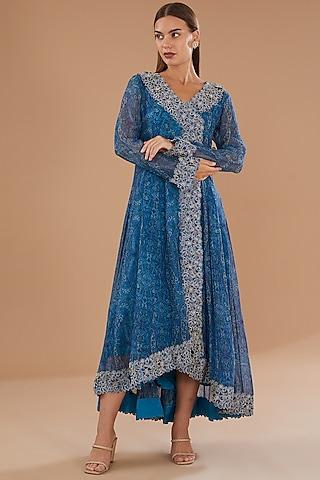 blue georgette printed & lace embroidered flared anarkali dress