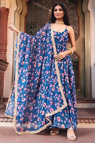 blue georgette printed anarkali set