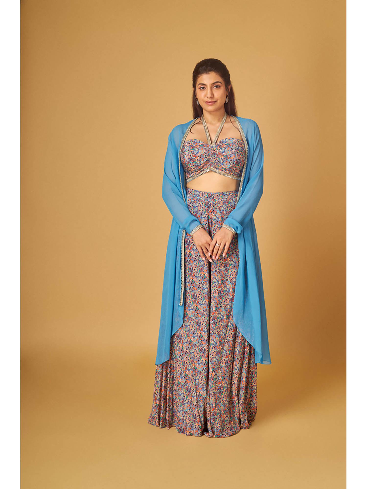 blue georgette printed blouse-sharara with cape (set of 3)