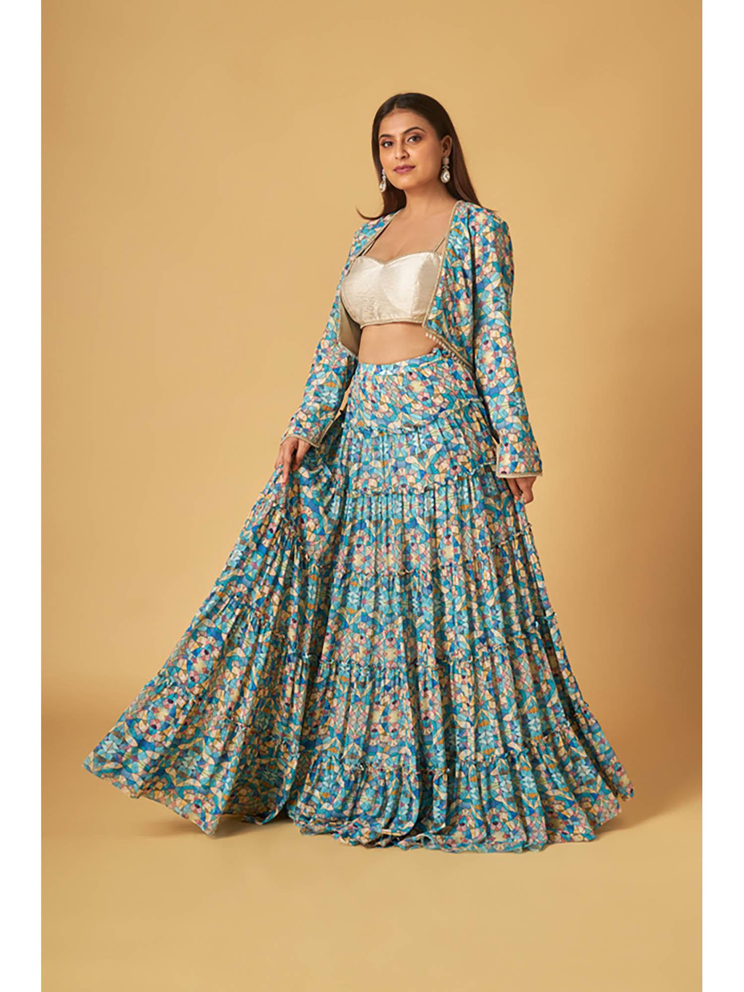 blue georgette printed skirt-blouse with crop jacket (set of 3)