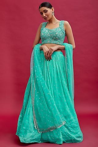 blue georgette ruched lehenga set