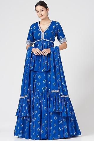 blue georgette ruched lehenga set