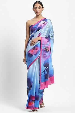 blue georgette satin printed saree