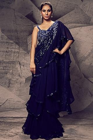 blue georgette sequins embroidered saree set