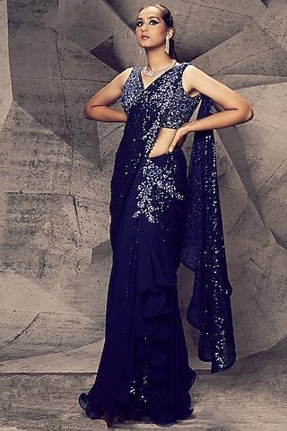 blue georgette sequins embroidered skirt saree set