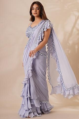 blue georgette silk hand embroidered draped saree set