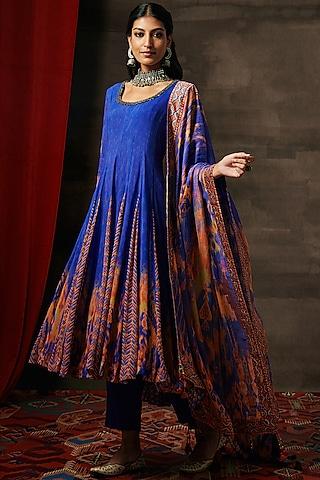 blue georgette silk metallic cutdana embroidered anarkali set