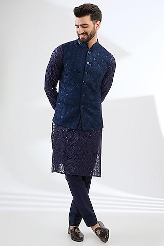 blue georgette thread embroidered bundi jacket