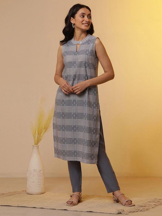 blue gingham check sleeveless kurta and straight trousers set