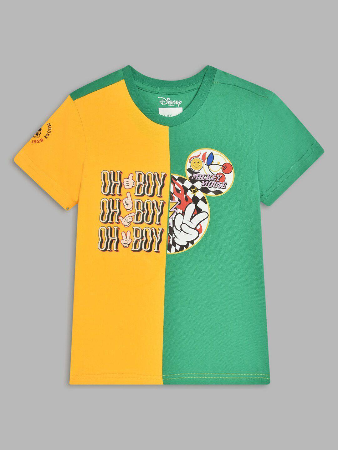 blue giraffe boys green & yellow colourblocked mickey mouse pure cotton t-shirt