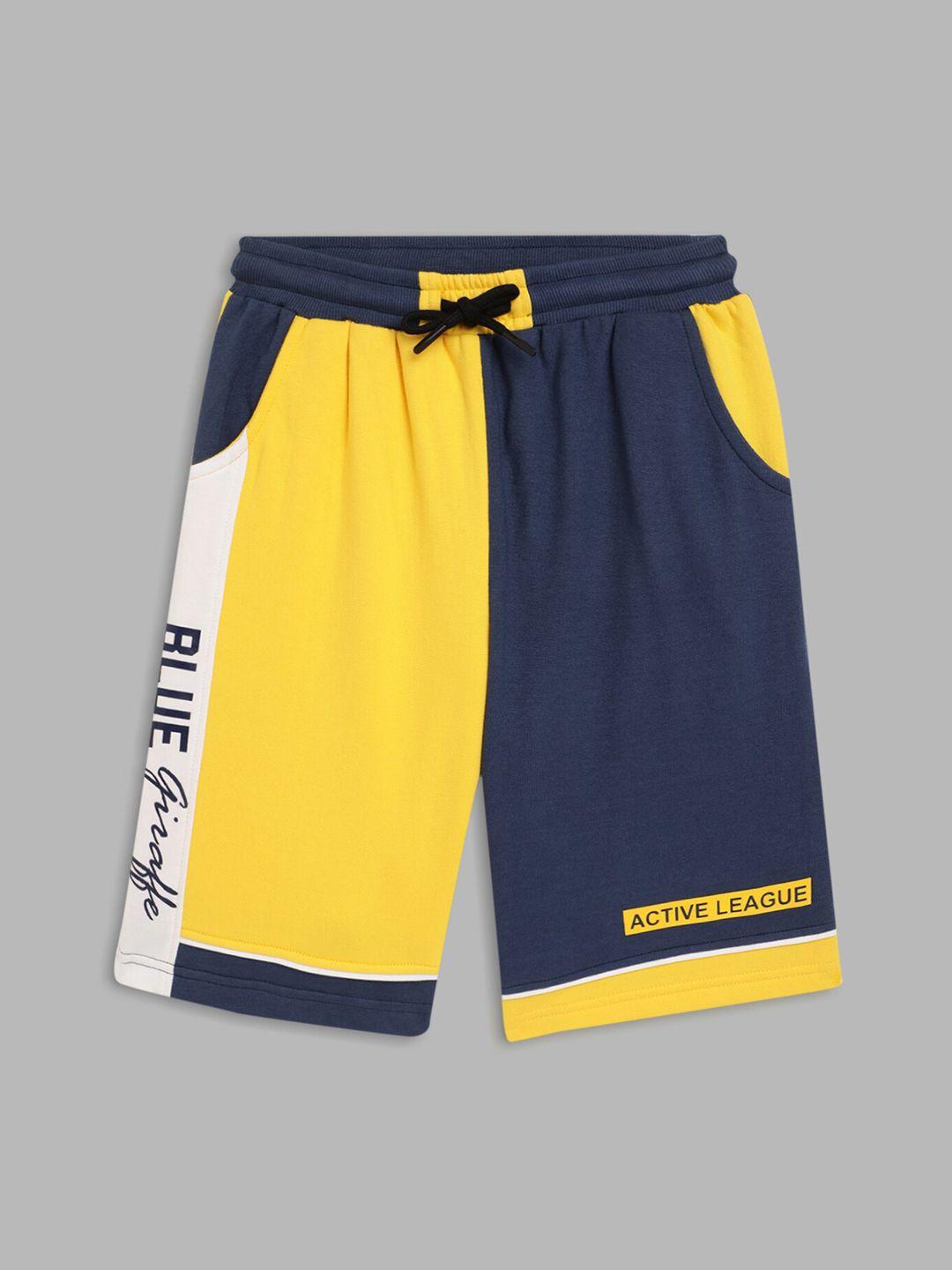 blue giraffe boys navy blue & yellow colourblocked pure cotton shorts