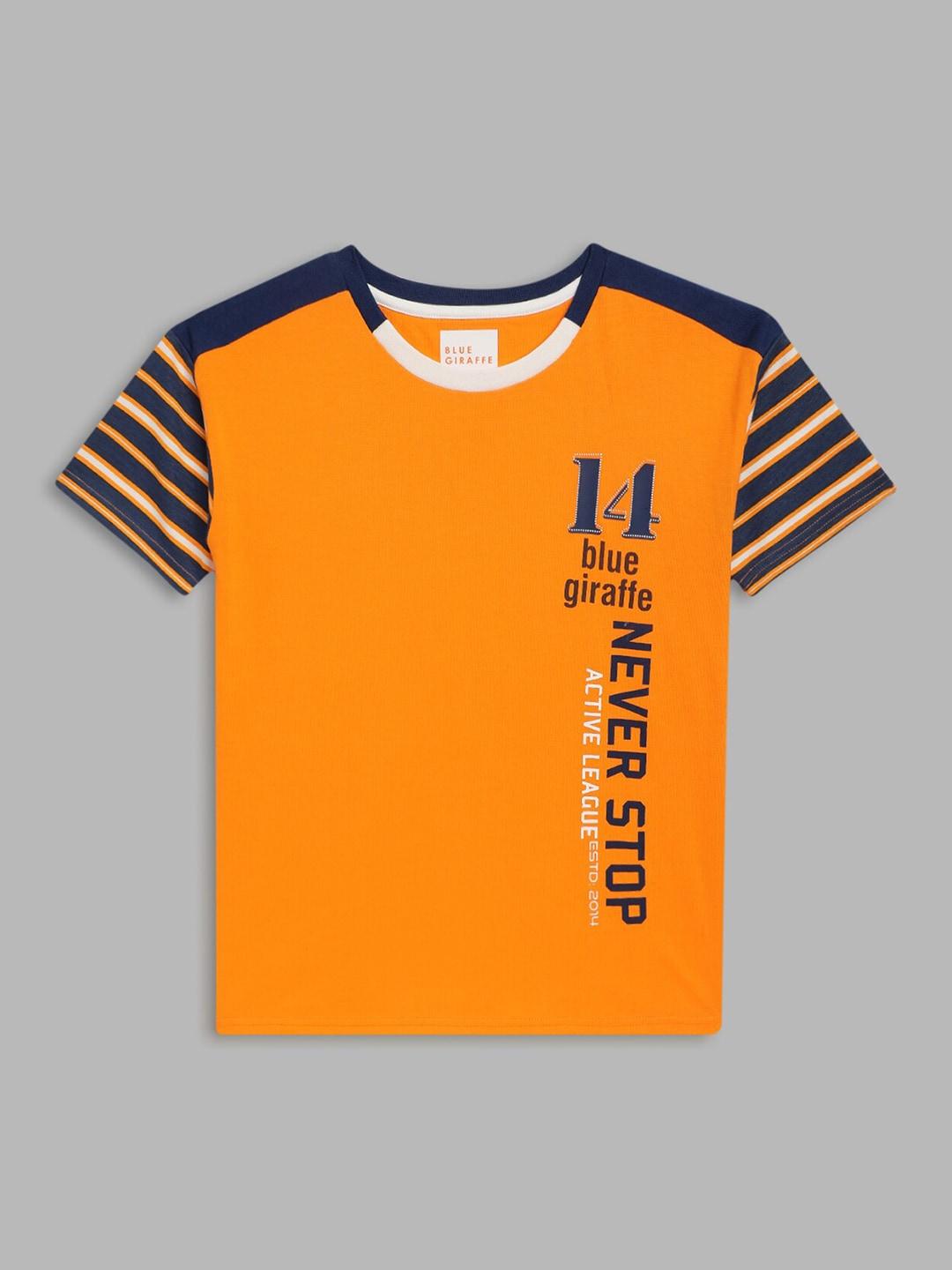 blue giraffe boys orange & black brand logo printed pure cotton t-shirt