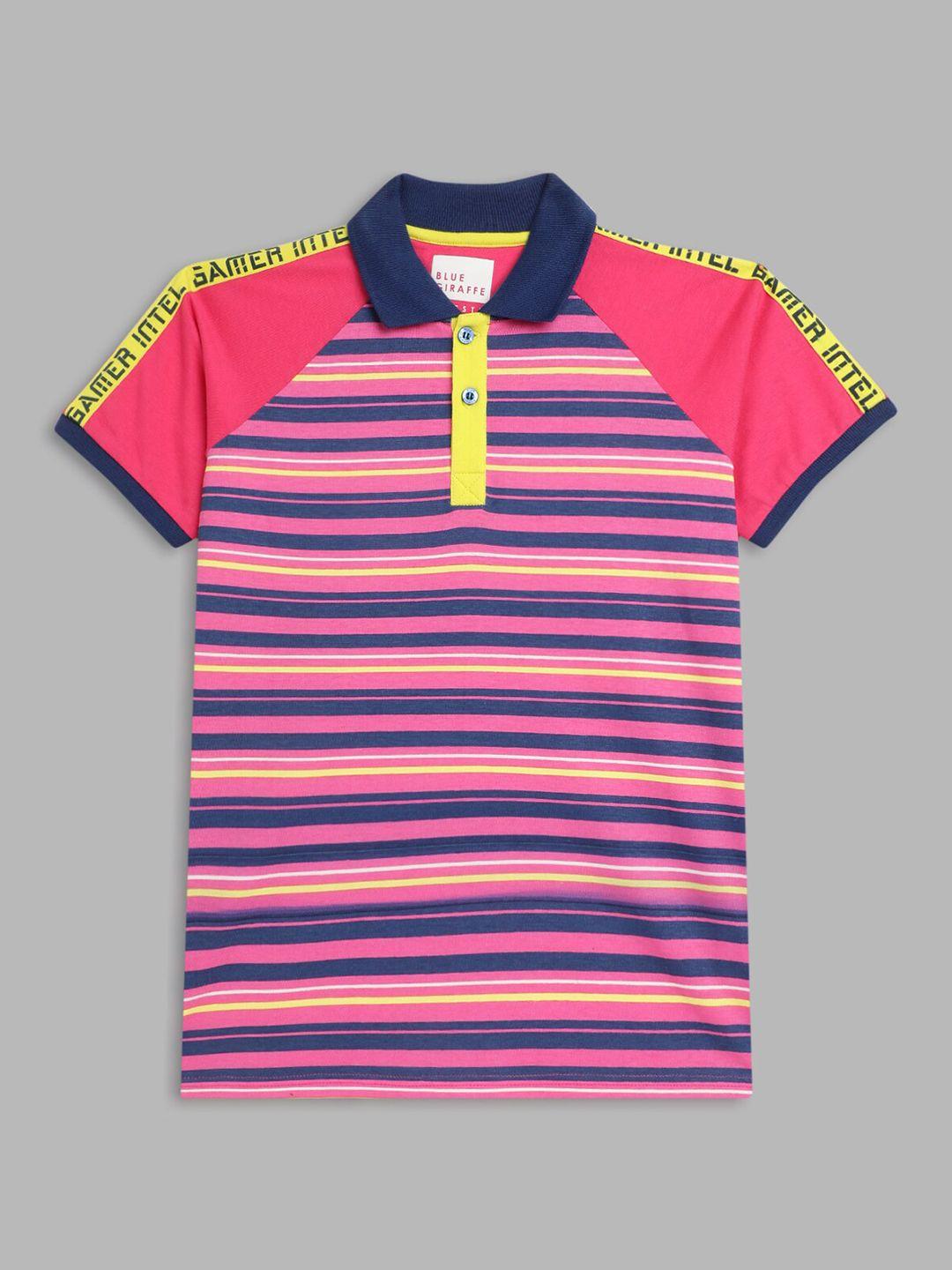 blue giraffe boys pink & blue striped polo collar pure cotton t-shirt