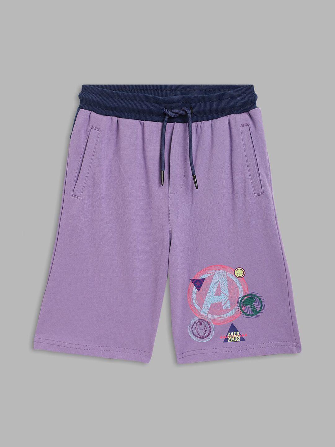 blue giraffe boys purple avengers printed shorts