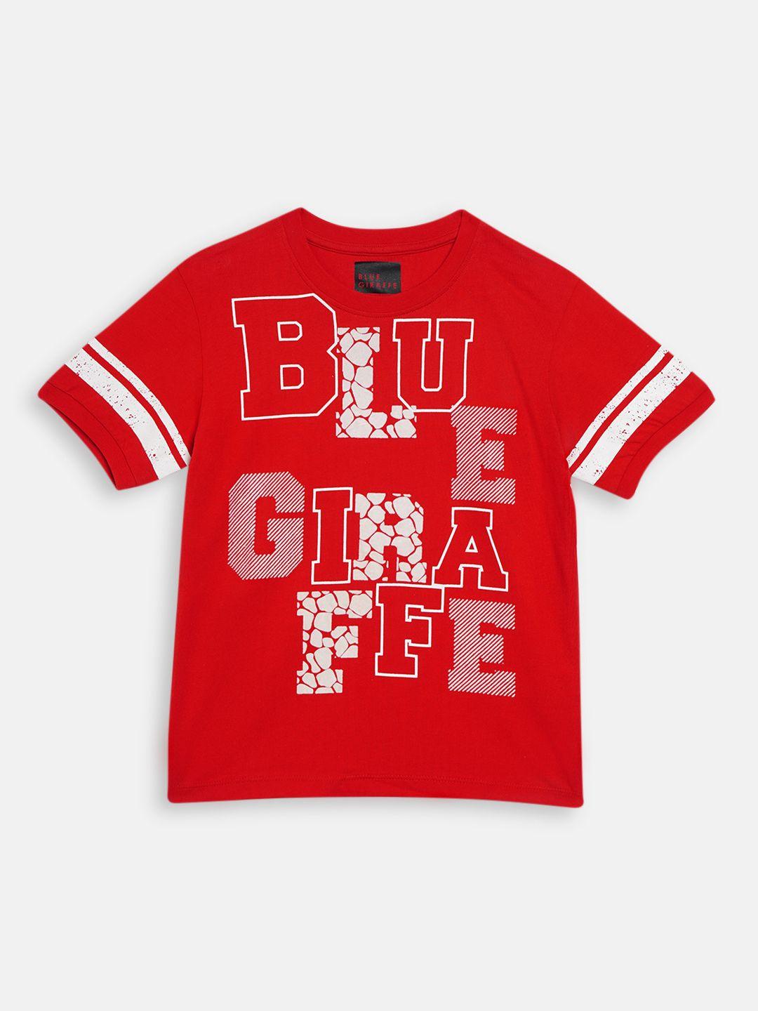 blue giraffe boys red printed cotton round neck t-shirt