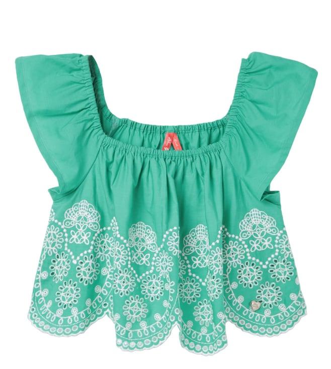 blue giraffe kids green embroidered flared fit top