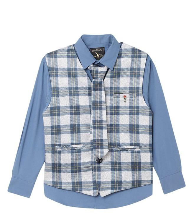 blue giraffe kids multicolor fashion checked regular fit waistcoat & shirt with tie