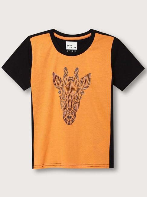 blue giraffe kids orange & black cotton printed t-shirt