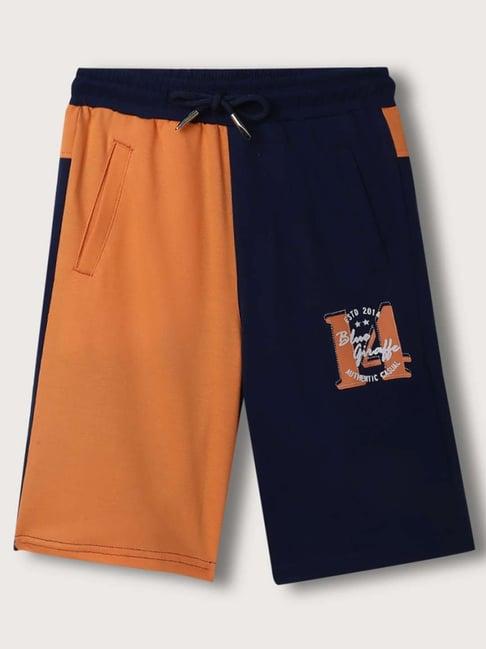 blue giraffe kids orange & navy cotton color block shorts