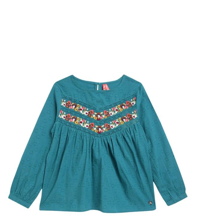 blue giraffe kids teal embroidered flared fit top