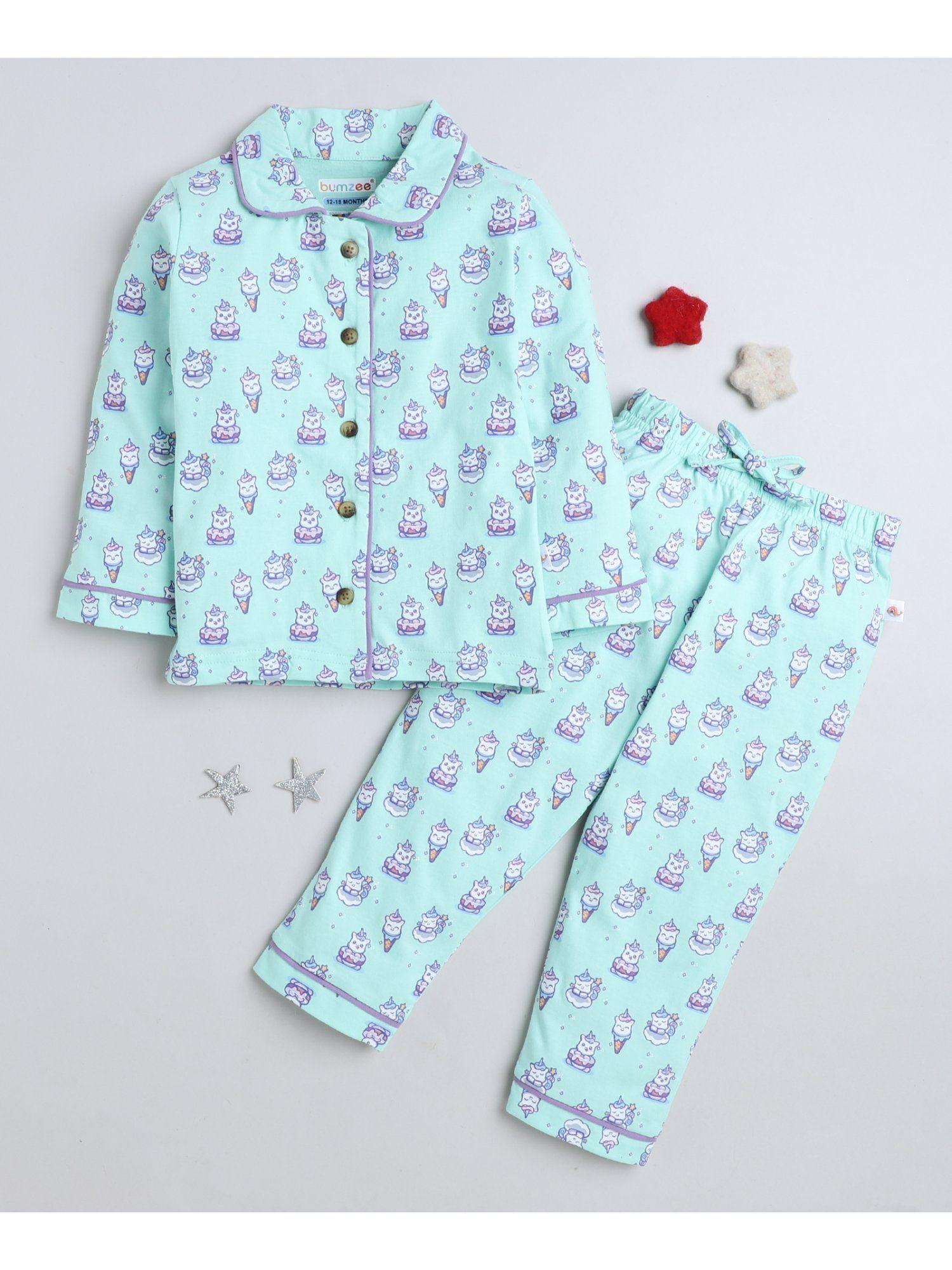 blue girls full sleeves cotton shirt with pyjama night suit (set of 2)