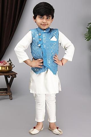 blue glace cotton embroidered bundi jacket with kurta set for boys