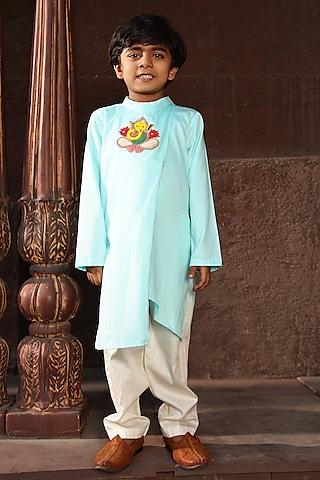 blue glace cotton embroidered kurta set for boys