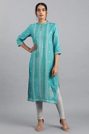 blue glitter print kurta in keyhole neckline