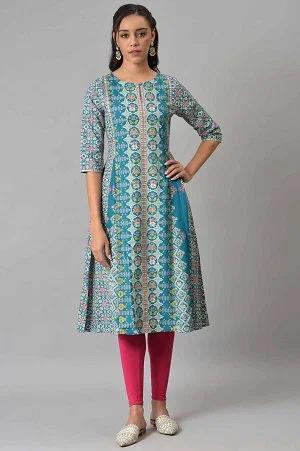 blue glitter printed a-line kurta