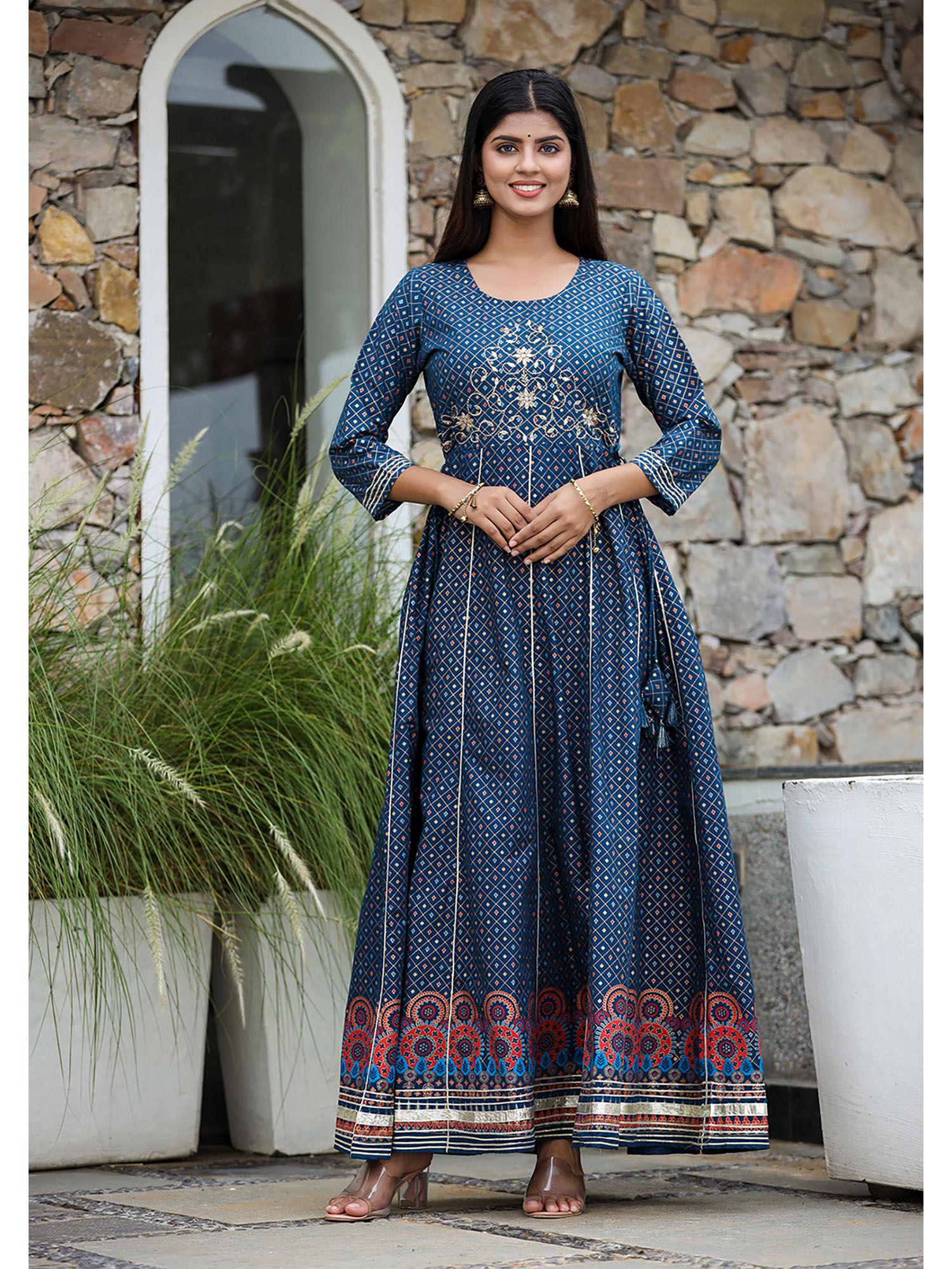 blue gold print cotton anarkali dress