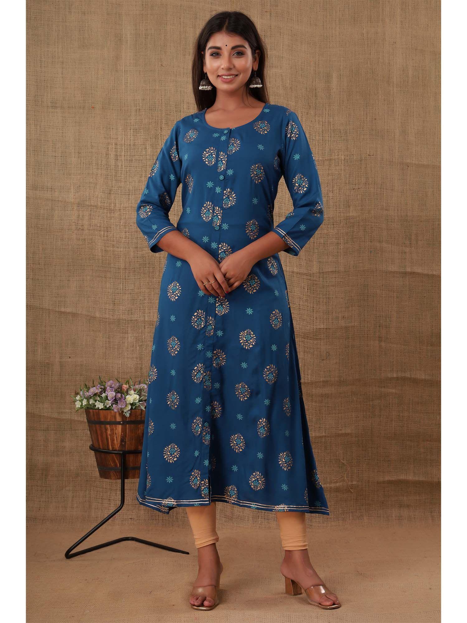 blue gold printed aline rayon kurta