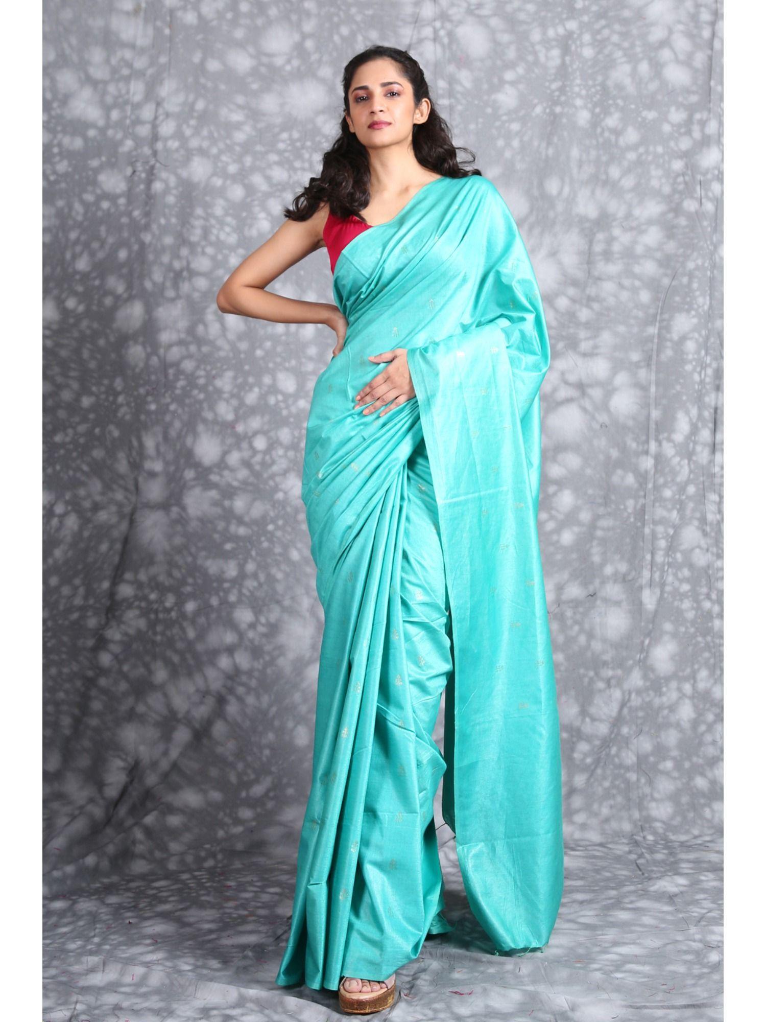 blue gold-toned woven design pure silk saree with unstiched blouse