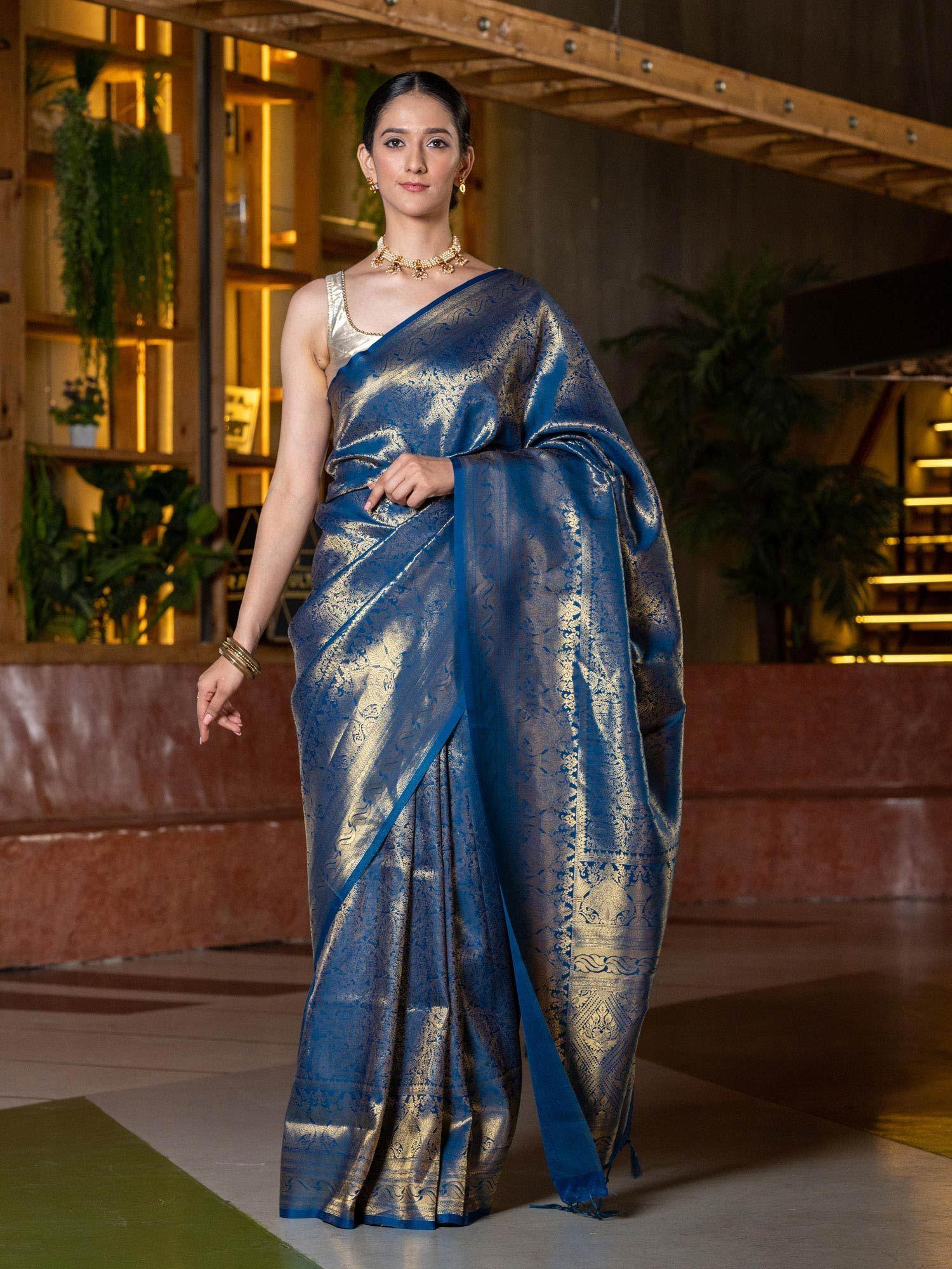 blue gold-toned woven design zari silk blend kanjeevaram saree with unstitched blouse