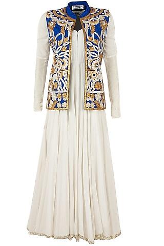 blue gota jacket with ivory anarkali