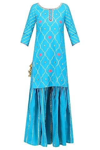 blue gota patti and lotus motifs short kurta and lehenga skirt set