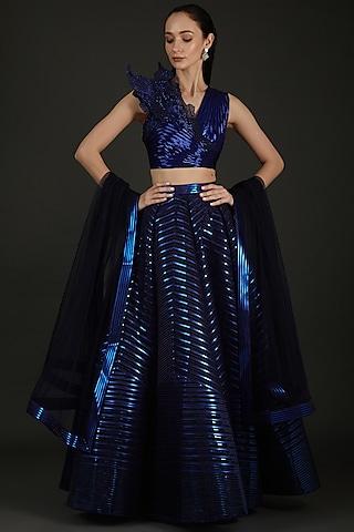 blue green polymer striped lehenga set