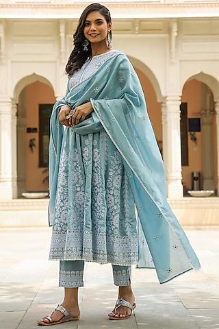 blue grey embroidered anarkali set