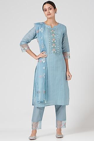 blue grey embroidered kurta set