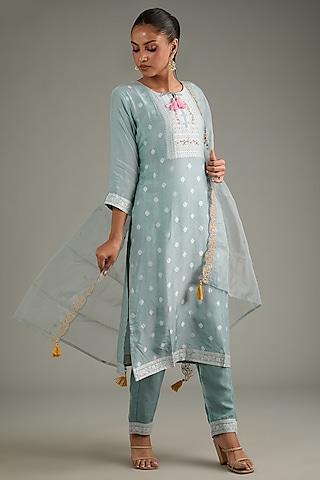 blue grey silk aari hand embroidered kurta set