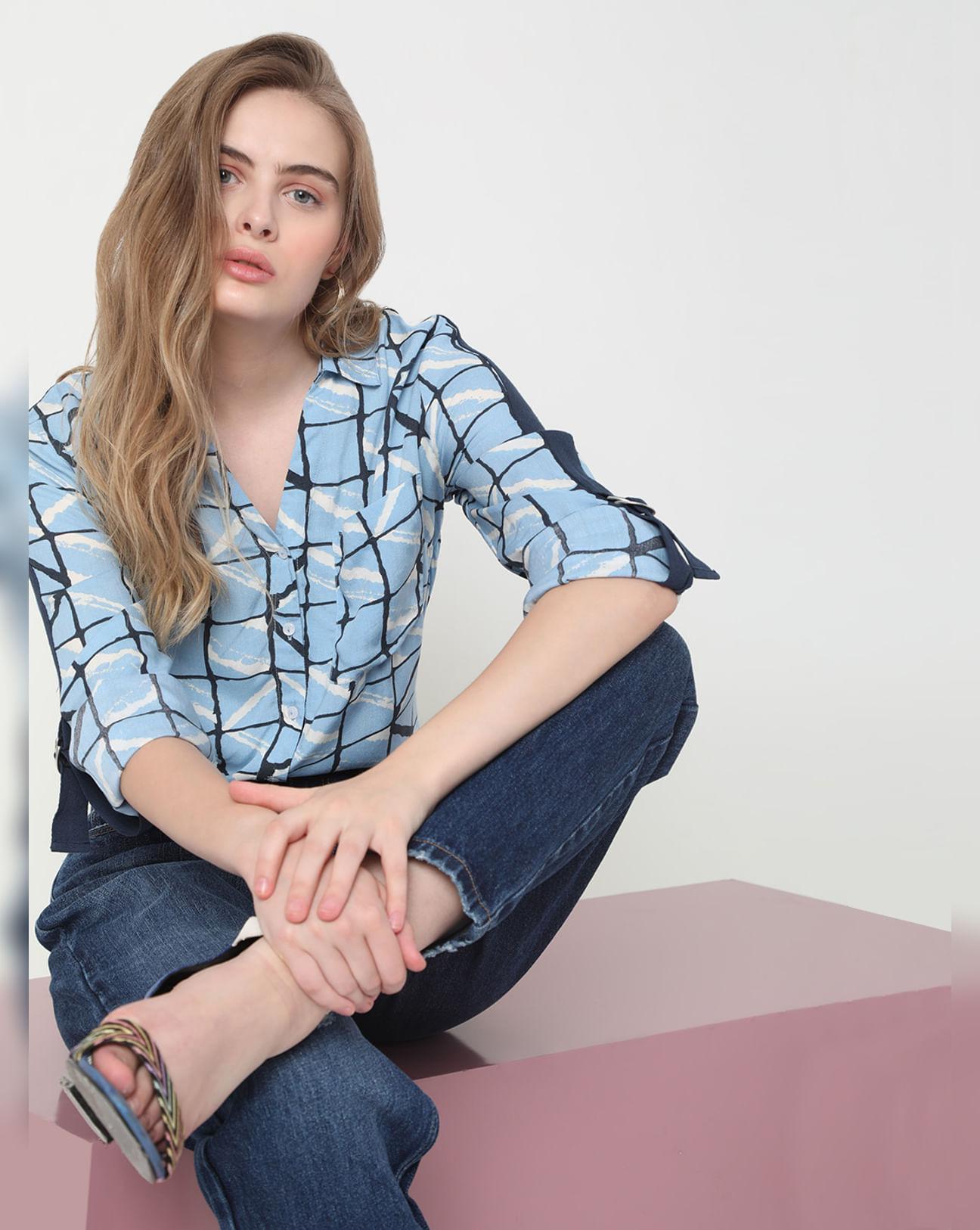 blue grid print shirt