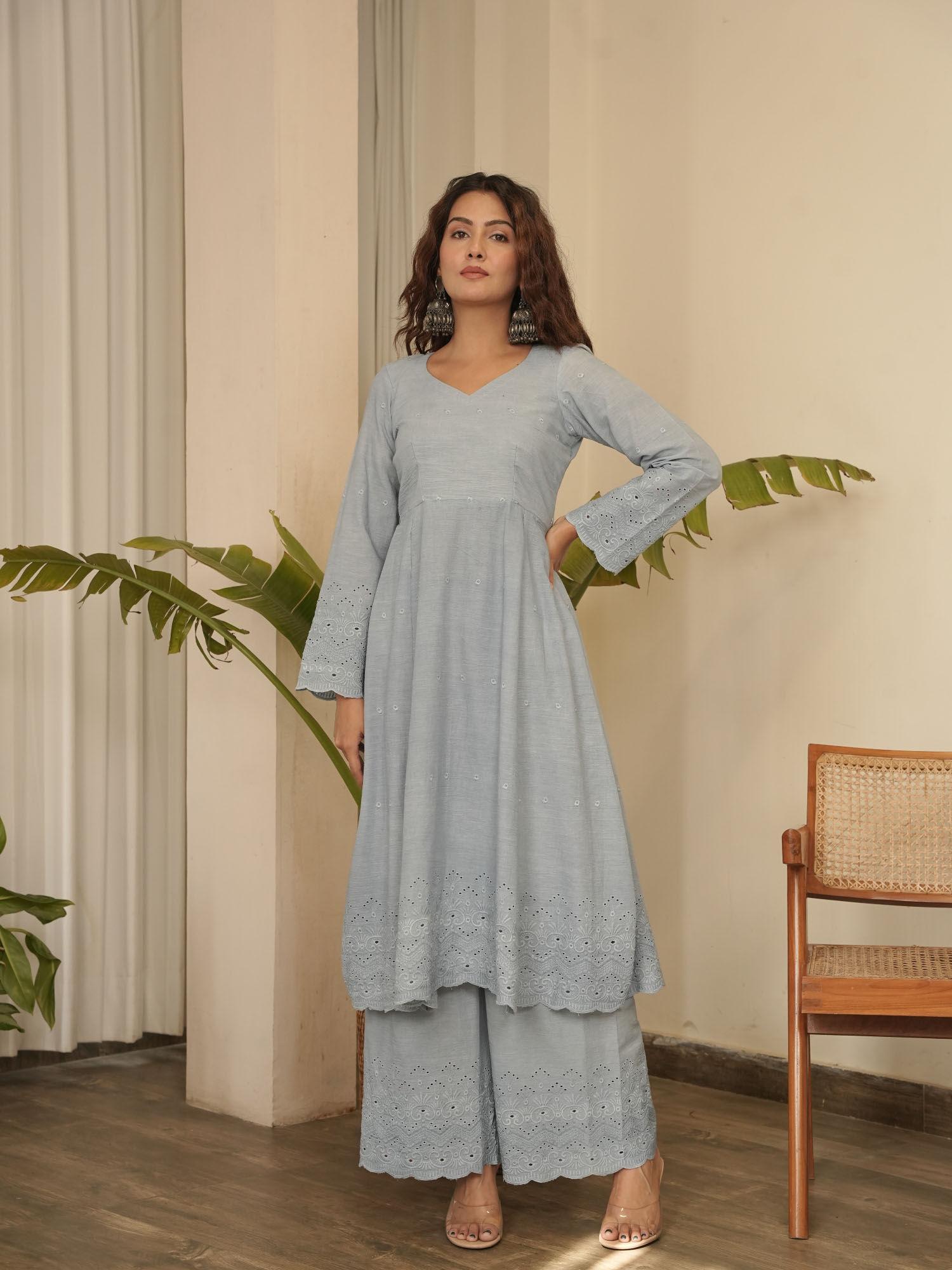 blue gulaab embroidery kurta with palazzo (set of 2)